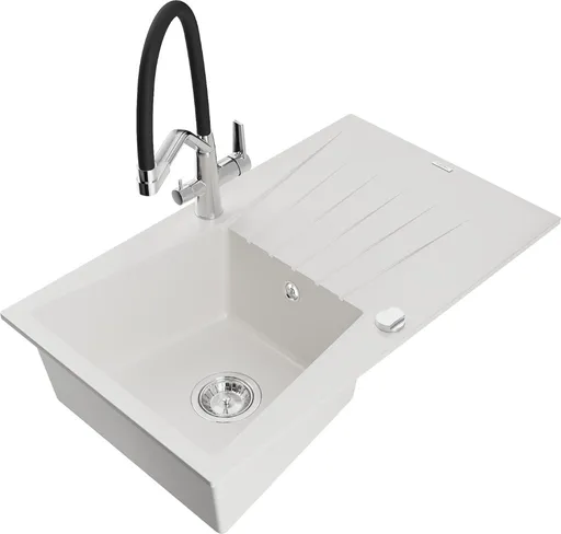 MEXEN/S Cesar granitový dřez s odkapávačem včetně baterie Duo, bílá 6514-20-671701-07