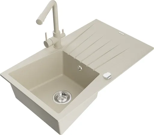 MEXEN/S Cesar granitový dřez s odkapávačem včetně baterie Duero, béžová 6514-69-671600-69