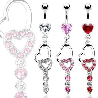 Piercing do pupíku dvě srdce a dva visící zirkony - Barva zirkonu: Červená - R