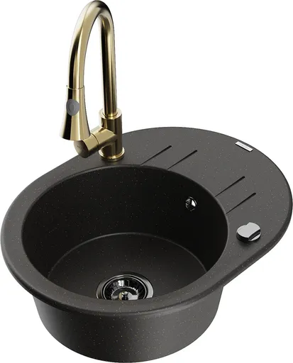 MEXEN/S Kevin granitový dřez 1 s odkapávačem včetně baterie Elia, černá/zlatá metalik 6517-75-670101-50-B