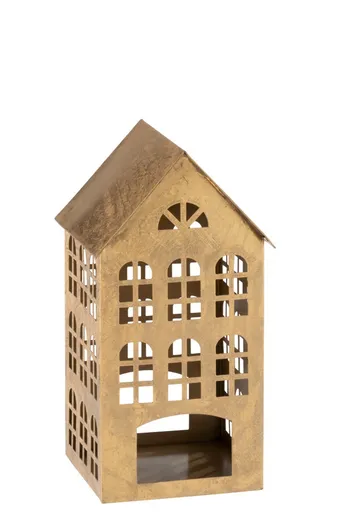 Zlatý antik kovový domek na čajovou svíčku -  17*17*32cm 5697