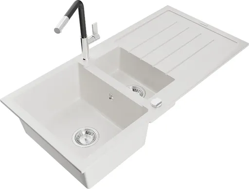 MEXEN/S Andres granitový dřez s odkapávačem včetně baterie Flora, bílá 6515-20-670401-07