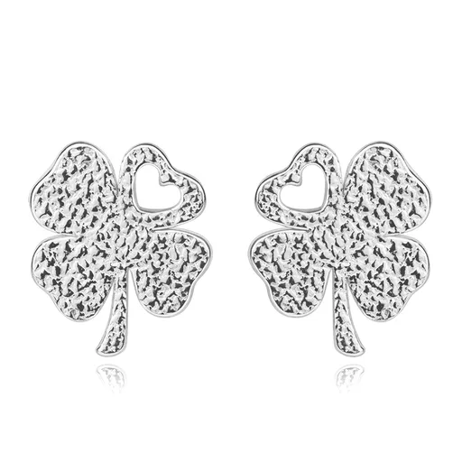 Stříbrné 925 náušnice - strukturovaný čtyřlístek s výřezem srdce