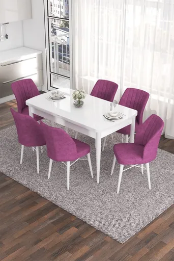 Extendable Dining Table & Chairs Set (7 Pieces) Eva - White, Purple