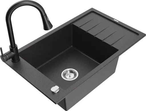 MEXEN/S Elias granitový dřez 1 s odkapávačem včetně baterie Elia, černá kropenatá 6511-76-670101-70