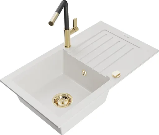 MEXEN/S Pablo granitový dřez 1 s odkapávačem včetně baterie Flora, bílá 6510-20-670401-57-G