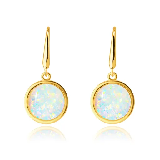 Náušnice ze 14K zlata - vypouklý syntetický opál v kulaté objímce, afro háček