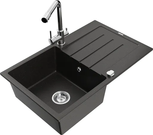 MEXEN/S Bruno granitový dřez s odkapávačem včetně baterie Duero, černá/zlatá metalik 6513-75-671600-00