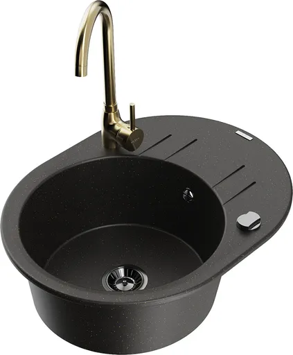 MEXEN/S Kevin granitový dřez s odkapávačem včetně baterie Telma, černá/zlatá metalik 6517-75-670200-50-B