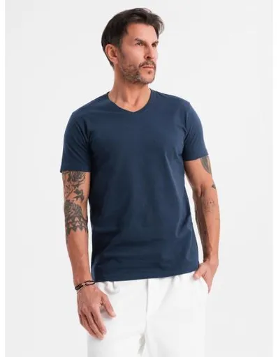 Pánské klasické bavlněné tričko BASIC s výstřihem do V – tmavě modré V2 OM-TSBS-0237