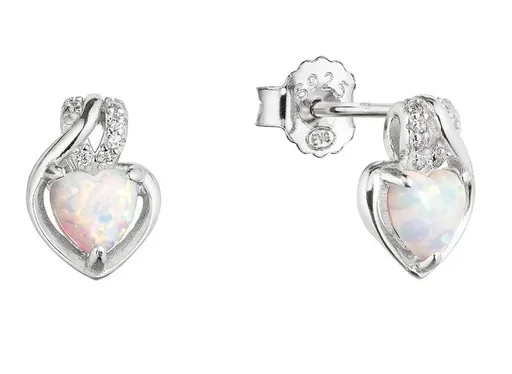 Evolution Group - Pavona Stříbrné náušnice Srdce s bílým syntetickým opálem a zirkony 11469.1