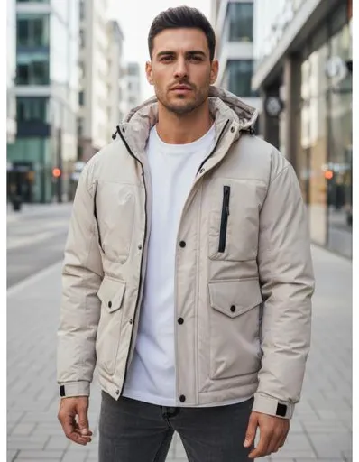 Pánská zimní bunda s kapucí, světle béžová