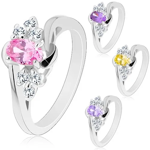 Prsten - zrcadlově lesklý povrch, broušený ovál, čiré zirkonové trojice, obloučky - Velikost: 52, Barva: Fialová