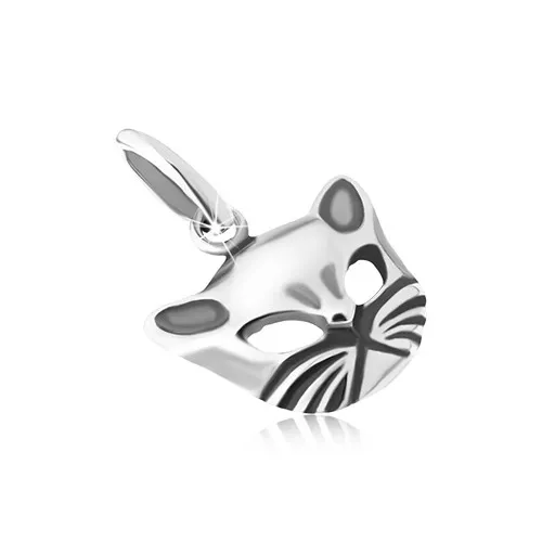 Lesklý přívěsek s patinou, vypouklá tvář kočky, stříbro 925