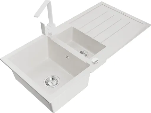 MEXEN/S Andres granitový dřez s odkapávačem včetně baterie Rita, bílá 6515-20-670300-20