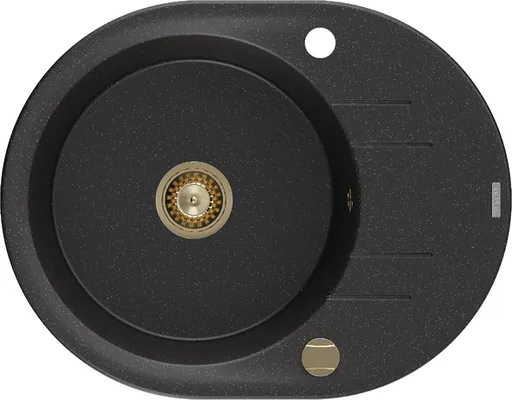 MEXEN/S Kevin granitový dřez 1 s odkapávačem 586x458 mm, černý/stříbro metalik + zlatý sifon 6517581005-73-G