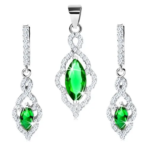 Stříbrný set 925 - náušnice a přívěsek, obrys lístku se zeleným zirkonem
