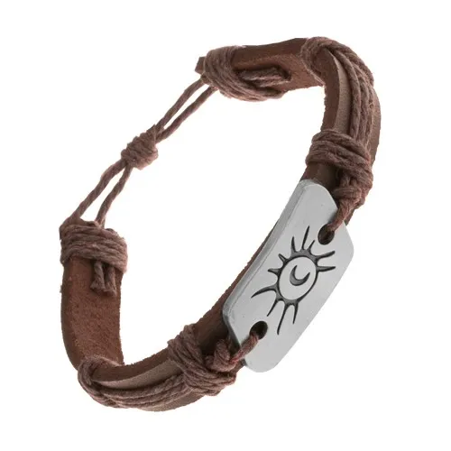Tmavohnědý náramek ze syntetické kůže a šňůrek, ocelová známka, slunce a měsíc - Barva: Černá