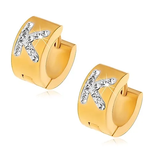 Ocelové náušnice s kloubovým zapínáním, zlatý odstín, čiré zirkonové písmeno K