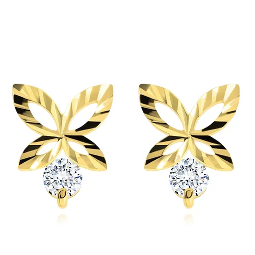 Briliantové zlaté náušnice 585 - blýskavý obrys motýla, čirý diamant