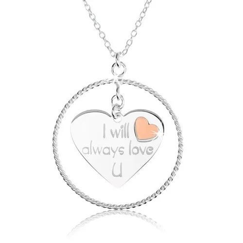 Náhrdelník ze stříbra 925, obrys kruhu, srdce s nápisem a červeným srdíčkem