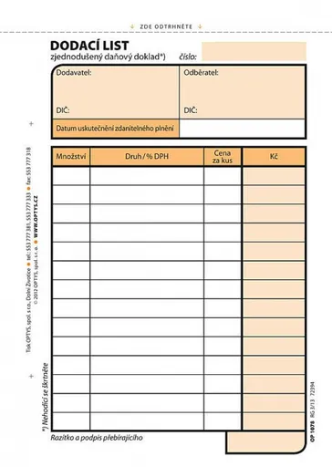 Tiskopis Dodací list A6 samopropis 100 listů OPTYS