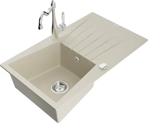 MEXEN/S Cesar granitový dřez 1-miska s odkapávačem včetně baterie Carla, béžová 6514-69-670700-00