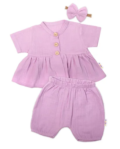 Baby Nellys 3-dílná mušelínová soupr, tunika/halenka, kraťasky, čelenka, lila vel.  86