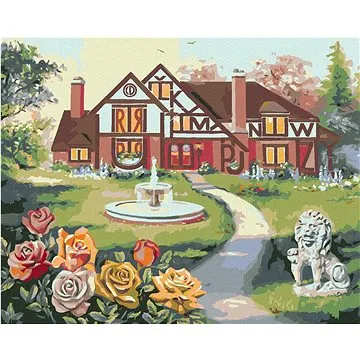 Zuty - Malování podle čísel - DŮM S PÍSMENY A FONTÁNOU, RŮŽE A SOCHA LVA (D. RUSTY RUST), 80x100 cm, (HRAmmb01957nad)