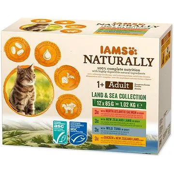 IAMS Naturally pro dospělé kočky s jehněčím, tuňákovým, lososovým a kuřecím masem v omáčce 12 × 85 g (8710255161792)