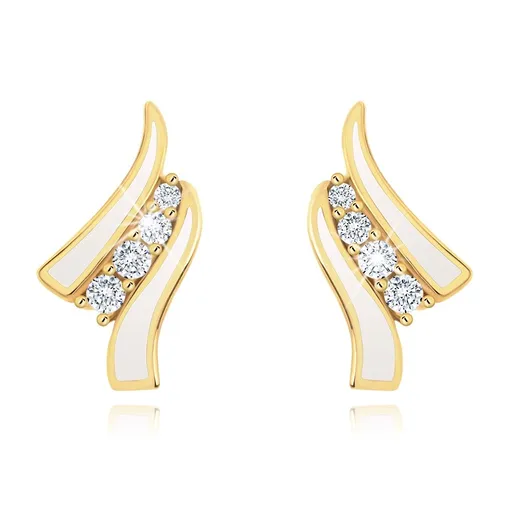 Náušnice ve žlutém 14K zlatě - dvě bílé vlnky, linie čirých zirkonů