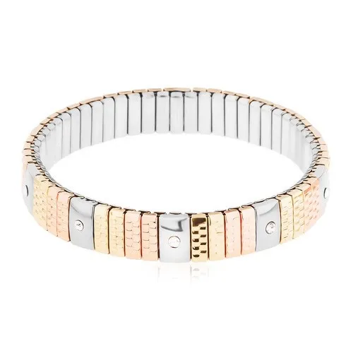 Trojbarevný náramek z chirurgické oceli, úzké gravírované články, čiré zirkony