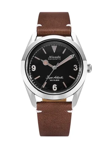 Nivada Grenchen Super Antarctic 3.6.9 Black Vintage - Brown Leather White Stitching