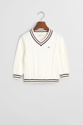 SVETR GANT STRIPED CABLE KNIT V-NECK EGGSHELL