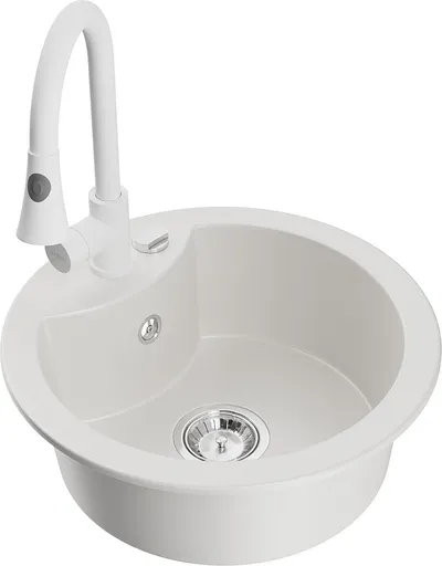 MEXEN/S Diego granitový dřez 1-miska včetně baterie Elia, bílá 6512-20-670101-20