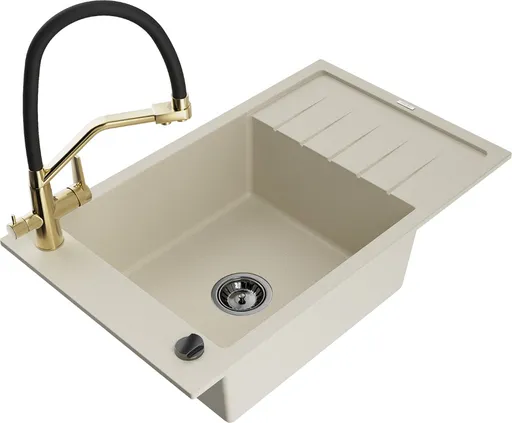 MEXEN/S Elias granitový dřez s odkapávačem včetně baterie Duo, béžová 6511-69-671701-57-B
