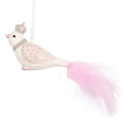 Bílo-růžová závěsná dekorace ptáček s peříčkovým ocáskem - 8*5*5 cm Clayre & Eef