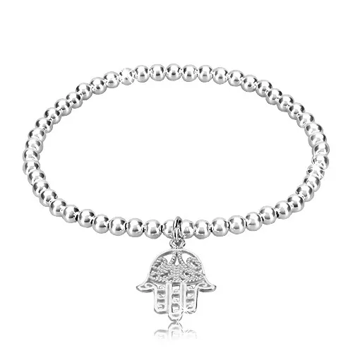 Strečový náramek ze stříbra 925 - zrcadlově lesklé kuličky, Fatimina ruka