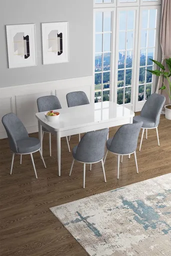 Extendable Dining Table & Chairs Set (7 Pieces) Han - White, Grey