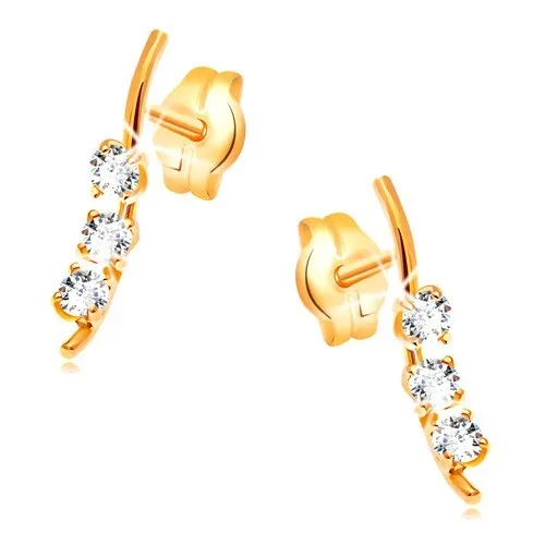 Zlaté náušnice 585 - úzká vlnka se třemi zirkony čiré barvy