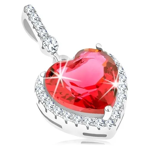 Přívěsek - stříbro 925, velké červené srdce se zirkonovým čirým lemováním