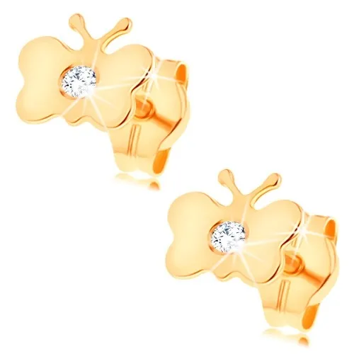 Zlaté náušnice 585 - lesklý plochý motýlek, vsazený kulatý čirý zirkon