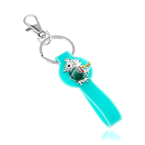 Přívěsek na klíče, silikonová část v tyrkysové barvě, pestrobarevný ptáček