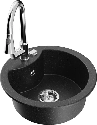 MEXEN/S Diego granitový dřez 1-miska včetně baterie Elia, černá/stříbrná metalik 6512-73-670101-00