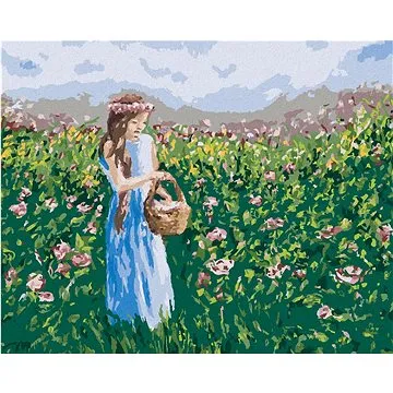 Dívka sbírající květiny do košíku, 80×100 cm, vypnuté plátno na rám (6039483)