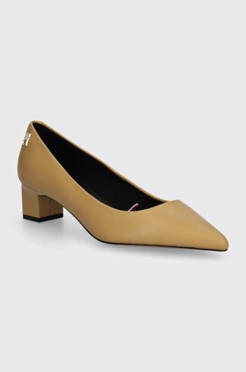 Kožené lodičky Tommy Hilfiger TH MID HEEL PUMP béžová barva, na podpatku, FW0FW08204