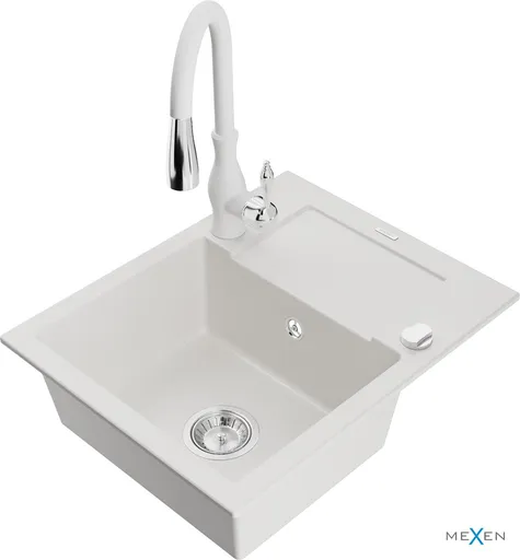 MEXEN/S Enzo granitový dřez 1 s odkapávačem včetně baterie Savita, bílá 6506-20-672601-20