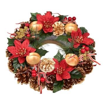 Adventní šiškový věnec POINSETTIA s mašlí 30 cm