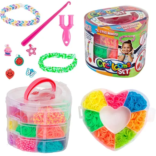 Teddies Udělej si svůj náramek - gumičky 2700ks + náčiní v plastové krabičce tvar srdce 16x13cm