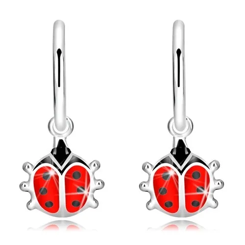 Náušnice ze stříbra 925 - lesklé kroužky, glazovaná beruška se šesti tečkami